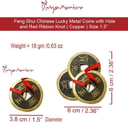 Divya Mantra Feng Shui Chinese Lucky Fortune I-Ching Dragon Coin Ornaments Wealth Charm Amulet 3 Bronze Metal Coins with Hole & Red Ribbon Knot for Good Money Luck, Decoration Charms Set of 2 – Copper Decorative Showpiece  -  5 cm