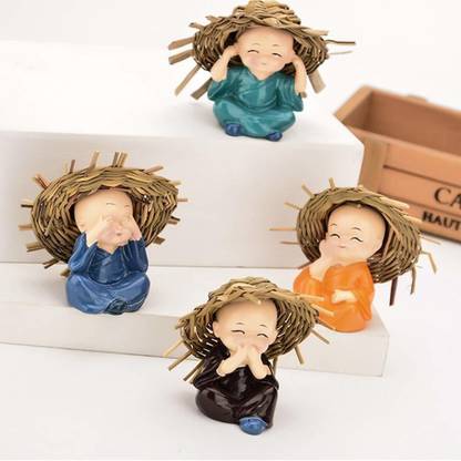 VUF Handcrafted Colourfull Set of 4 Small Baby Monk Decorative Showpiece Decorative Showpiece  -  4 cm
