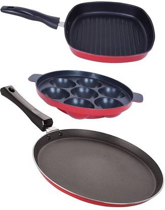NIRLON Non-Stick Odor Free 3 Piece Gas Compatible Kitchenware with Bakelite Handle, Red and Black Color Non-Stick Coated Cookware Set
