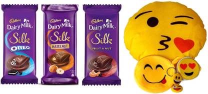 Cadbury Silk ( Oreo, Hazelnut & Fruit & nut ) Chocolates With Lovely Emoji Set Combo