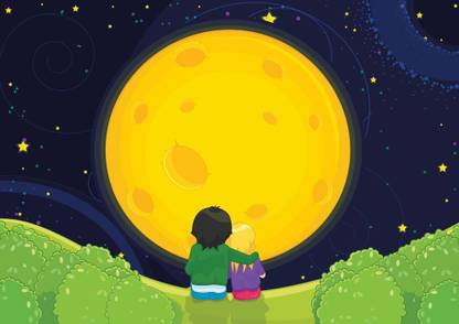 Kids sitting under moonlight |moon quotes|wall poster|romantic poster|moon poster| Paper Print