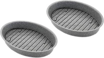Femora Bakeware Non Stick Carbon Steel Roaster Pan for Chicken, Panner, Barbeque with Steel Rack Set of 2 Roasting Pan 22 cm diameter 1 L capacity