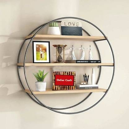 ONLINECRAFTS Wooden &iron Round shape rack shelf for living room books & showpiece flowerpot Wooden Wall Shelf