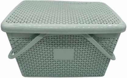 Credly Plastic Multipurpose Plastic Basket Organizer Storage Container Box with Lid & Handle for Cloth, Picnic etc Storage Basket