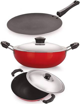 NIRLON 3 Layer Nonstick Cookware Combo Gift Set 3 Roti Tawa 28.5 cm, Deep kadhai 2.2 LTR, AppaChatti 22cm (Red & Black) Non-Stick Coated Cookware Set