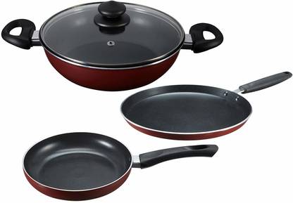 Prestige Must Have Induction Safe 3 Pcs Teflon Coating Omega Non Stick Cookware Set & Build Ur Kitchen Set with No Compromise in Quality & Looks Induction Bottom Non-Stick Coated Cookware Set