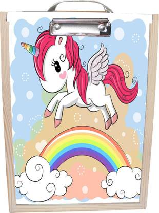 Enigmatic Woodworks Multipurpose Kids Storage Box| Soft Wood Art Box| Wooden Art Box with Clipboard| Storage and Handle for Kids – Unicorn Red Rainbow Theme (Pine Wood)