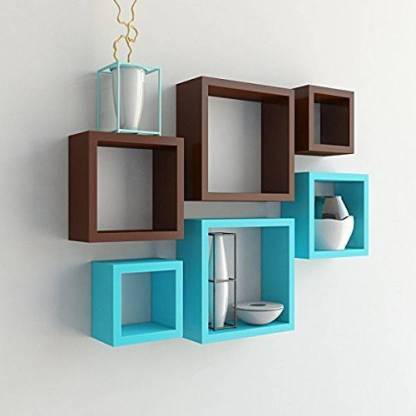 MH Handicrafts Square Shape Set of 6 Floating Wall Shelves (Blue And Brown) MDF Wall Shelf