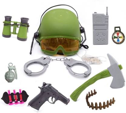 HALO NATION Army Force Combat Dress & War Accessories Roleplay Set for Kids - Army Hat , Shooting Glass, Axe, Gun Toy & Other Army Cosplay for Kids - 13 Pcs