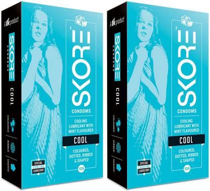 SKORE Cool 20s - (Sensation Series: Cool Mint) - Coloured, Dotted, Ribbed - (10s x 2 = 20 Condoms) Condom