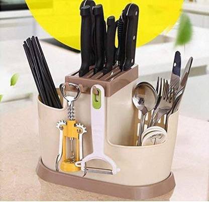 Coozico Multi Functional Self Draining Organizer Chopsticks Basket - Spoons, Knife & Other Kitchen Cutlery Storage Holder Stand Disposable Plastic Cutlery Set