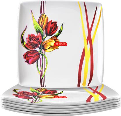 Artista Melamine Square Plates (Set of 16 Half Plates) with Red & Yellow Tulip Flower Design Half Plate