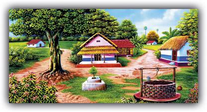 Beautiful Painting Print Of Village Scenery Landscape Hand painted Waterproof texture unframed and rolled Paper Print