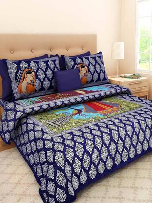 Hari Om Prints 144 TC Cotton Queen Jaipuri Prints Flat Bedsheet