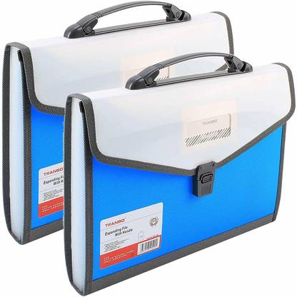 TRANBO Plastic Plastic File Folder with 13 Pockets, Handle, Index Tab, A4 Size, Blue - Pack of 2
