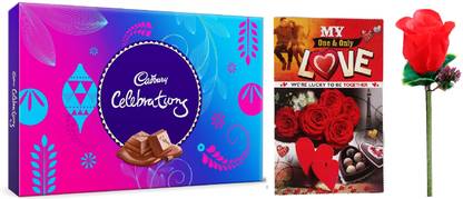 Cadbury Celebrations Chocolate Pack With Artificial Rose & Greeting Card Combo