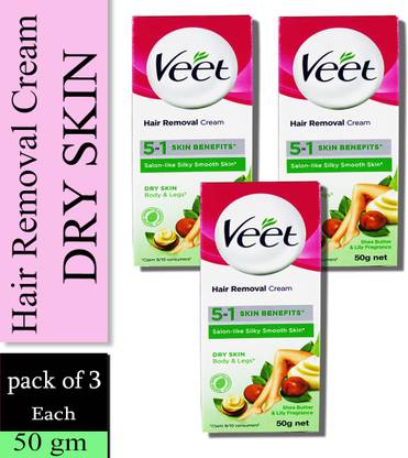 Veet Hair Removal Cream for Dry Skin, Pack of 3, 50g Each Cream