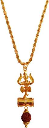 rich & famous Gold Plated Shiva Trishul Damru Rudraksha Pendant With Gold Chain Gold-plated Brass, Wood Locket