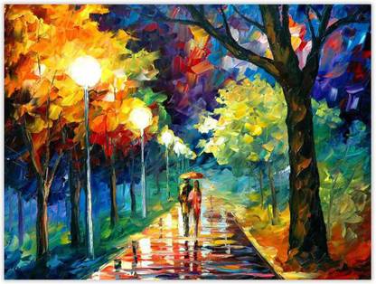 Art Amori Texture Effect Rainy Weather Couple Walk Self Adhesive Sparkle Coated Poster Digital Reprint 18 inch x 24 inch Painting