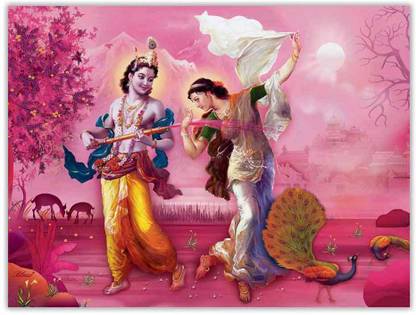 Radha Krishna Playing Holi Sparkle Coated Self Adesive Poster Without Frame Paper Print
