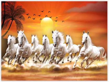 Art Amori Beautiful seven horse running at Sunrise Sparkle Coated Self Adesive Painting Without Frame Digital Reprint 18 inch x 24 inch Painting