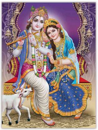 Radha krishna With Cow Sparkle Coated Self Adesive Poster Without Frame Paper Print