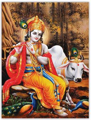 Lord Krishna with cow and peacock Sparkle Coated Self Adesive Poster Without Frame Paper Print