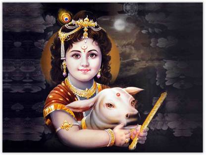 Bal gopal with cow Sparkle Coated Self Adesive Poster Without Frame Paper Print