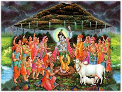 Lord Krishna's Govardhan leela Sparkle Coated Self Adesive Poster Without Frame Paper Print