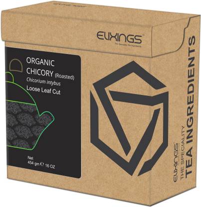 Elixings Organic Roasted Chicory Loose Leaf Cut 454 gm ( 16 OZ ) Cichorium intybus, The Speciality Tea Ingredients Herbs Herbal Infusion Tea Box