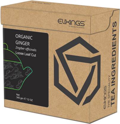 Elixings Organic Ginger Loose Leaf Cut 340 gm ( 12 OZ ) Zingiber officinale, The Speciality Tea Ingredients Herbs Herbal Tea Box