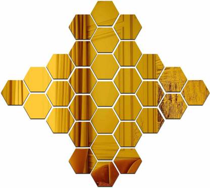 wall1ders 10.5 cm 30 Golden hexagon 3D Acrylic Mirror Wall Sticker for Home & Office Self Adhesive Sticker