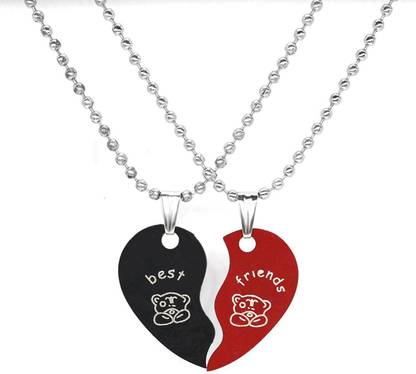 vien Valentine Special Couple Red&Black plated Best Friends 2 PIECE Heart Pendant Chain for Girls & Boys Rhodium Stainless Steel Pendant Necklace Black Silver, Rhodium Stainless Steel Locket Set
