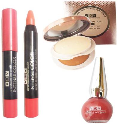 Vov 1 2 IN 1 FOUNDATION PLUS ULTRA MATTE PRESSED COMPACT POWDER SPF 24 + 1 INTENSE COLOR SUPER SMOOTH ORANGE MATTE LIP CRAYON + 1 RUSTY ORANGE NAIL POLISH