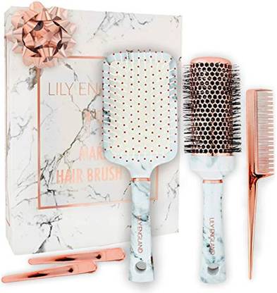 Lily England Hair Brush Set - Paddle Brush, Round Blow Drying Hairbrush, Comb & Clips, Marble & Rose Gold