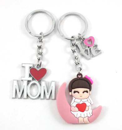 Isk Cute Girl setting on The Moon Multi Color Soft Rubber and Red White Sliver Color Love mom Keychain Beautiful Design Best Ideal for Gifting Key Chain