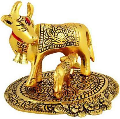 shiv mart Prosper Kamdhenu Oxidised Gold Finished Brass polish Cow and Calf Figurine Decorative Gift Item Decorative Showpiece  -  14 cm