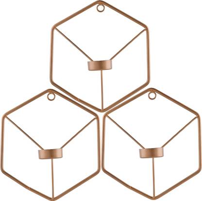 होमसेक Set of 3, Golden Metal Wall Mounted Hexagon Tealight Candle Holder, T-light Candles लोहा 3 - कप टीलाइट होल्डर सेट