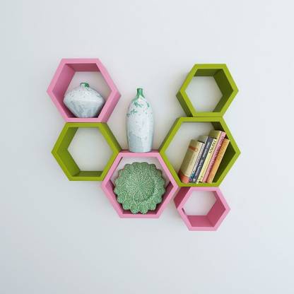 Cherry Wood Hexagon Shape Set of 6 Floating Wall Shelves (Pink & Green) MDF (Medium Density Fiber) Wall Shelf
