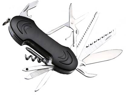 AlexVyan Black Heavy Duty High Quality 11 In 1 100% Stainless Steel Multi Functional Swiss Army Style Knife - Every Tool made of Steel - Ideal for Rough Usage 13 Function Multi Utility Swiss Knife