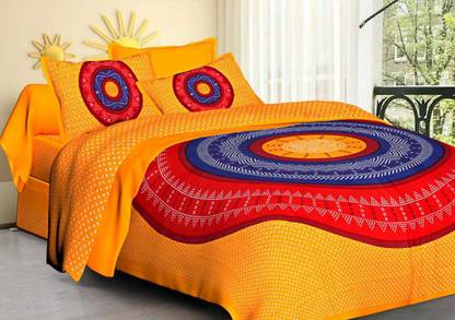CURE N CARE 180 TC Cotton Queen Jaipuri Prints Flat Bedsheet
