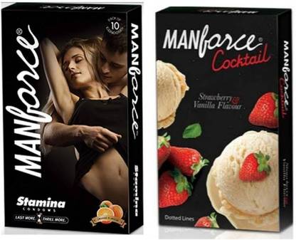 MANFORCE Orange Stamina Extra Time 10s + Cocktail Strawberry-Vanilla 10s (20 Condoms) Value Combo Condom