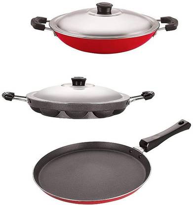 NIRLON Non-Stick Flat Tawa Appam and Appachatti Combo Kitchen Utensils Set Non-Stick Coated Cookware Set