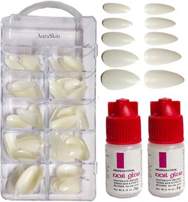 AuraSkin 100 Tips Best Artificial False Nails with 2 Strong Nail Glue White off white