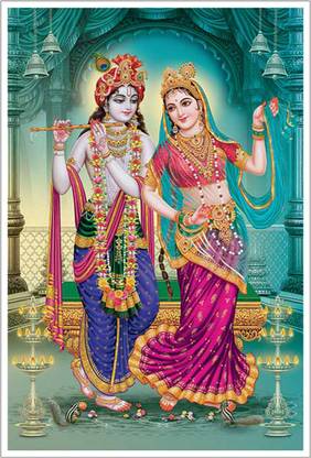 Radhe Krishna Green Background Religious Paper Poster Paper Print