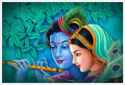 Radhe Krishna Green Background Religious Paper Poster Paper Print