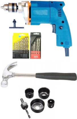 Inditrust •	350W Heavy Duty 10mm Electric drill Machine with 13pc hss 5pc masonry 1pc hand hammer and 6pc hole saw set Power & Hand Tool Kit
