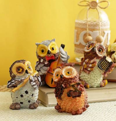 Xeekart Set of 4 Owls Playing Musical Instruments Showpiece Figurines Garden Statues Decoration Decorative Showpiece  -  9 cm