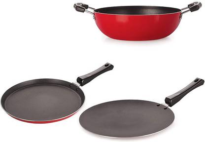 NIRLON Combo Set of Two Tawas & Kadai (Roti Tava 29Cm, Dosa Tava 27.5Cm, Kadai 2L) Non-Stick Coated Cookware Set