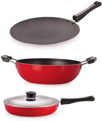 NIRLON Non-Stick Kitchen Cookware Utensils Set withred and Black Rich Color | Concave Tawa 28.5Cm | Fry Pan 2Ltr | Kadhai 2Ltr | Best Cookware Set Non-Stick Coated Cookware Set